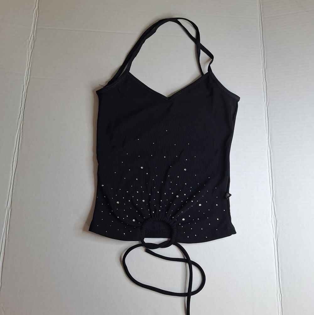 VTG Y2K Funky Diva Black Rhinestone Halter Top Ring Cinch Womens XS Runs Small